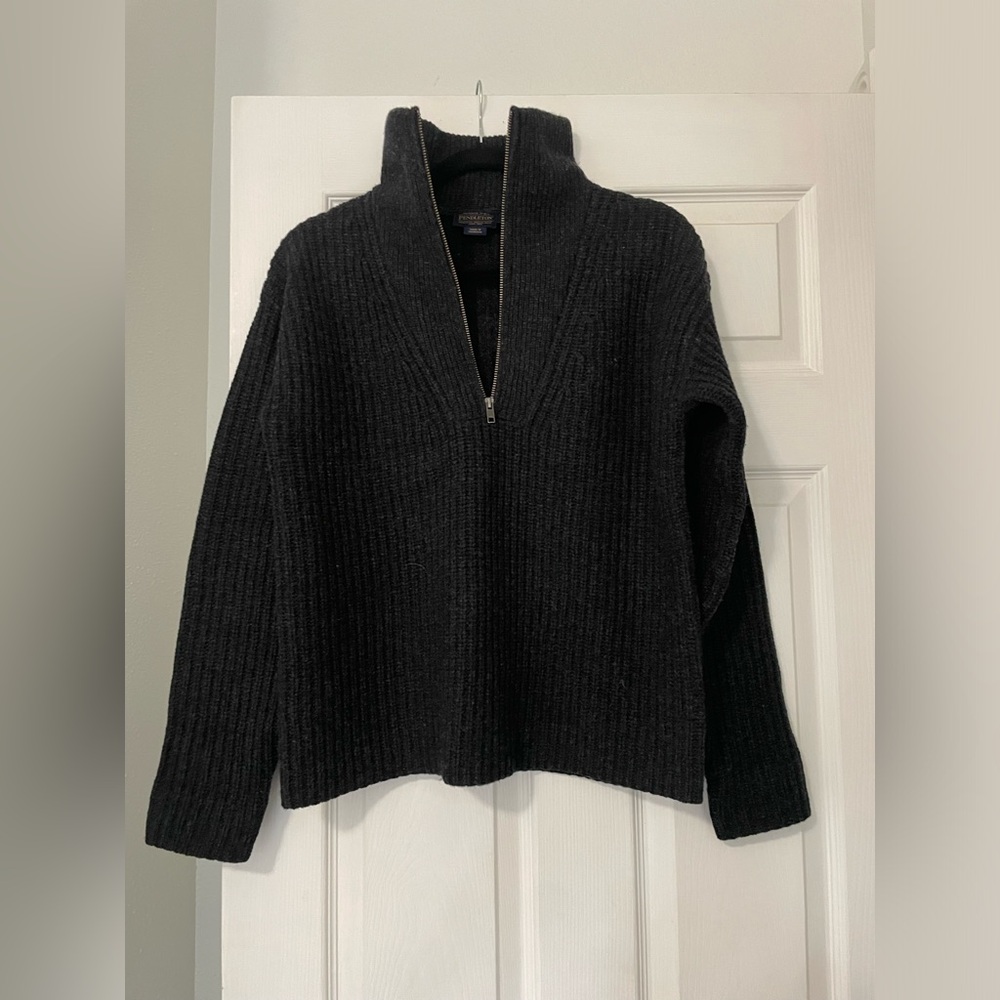 Pendleton Womens Lambswool Shaker Stitch Half Zip Pullover Sweater S Black NWOT